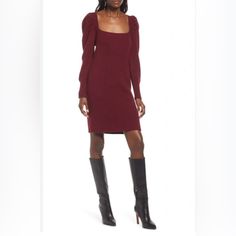 Nwt Charles Henry Burgundy Ribbed Long Sleeve Dress With Square Neck And Tie Back. Gorgeous Puff Sleeve And Great For Holiday Looks. Same Day Shipping Winter Ribbed Square Neck Dress, Ribbed Square Neck Dresses For Winter, Ribbed Square Neck Winter Dresses, Framing Square, Dress With Square Neck, Charles Henry, Long Sleeve Sweater Dress, Face Framing, Nordstrom Dresses