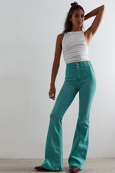 Forever flattering and flared jeans from our We The Free collection. **Fit:** Super high-rise, flared silhouette **Features:** Exaggerated yoking throughout, stretch denim fabrication, exposed button fly, flattering flat front and back **Why We | We The Free Jayde Flare Jeans at Free People in Blue, Size: 29 S Trendy Summer Flare Jeans With Flared Hem, Blue Flare Jeans With Flared Hem For Spring, Blue Flares With Flared Hem For Spring, Blue Flared Hem Flares For Spring, Blue Straight Leg Flares For Spring, High Rise Blue Flares For Fall, Chic Flare Jeans With Flared Hem For Summer, Chic Flare Jeans For Summer, High Rise Blue Flares With Five Pockets