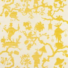 a yellow and white wallpaper with various designs on it