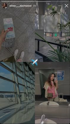 the woman is standing in an airport with her luggage and she is looking at her cell phone