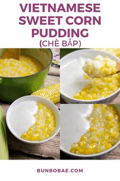 three bowls filled with corn pudding next to a green pot full of corn on the cob