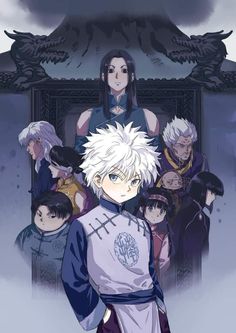 an anime character with white hair standing in front of a group of men and women