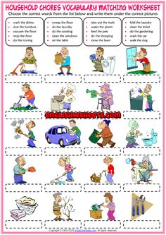 the worksheet for teaching children to learn how to use household chores in english