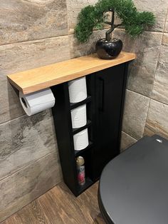 a black cabinet next to a toilet with rolls of toilet paper on it and a potted plant in the corner