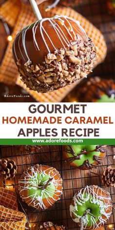 homemade caramel apples with white chocolate drizzle on top