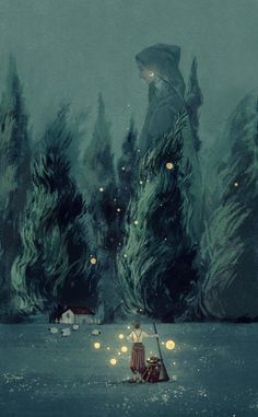 a painting of a person sitting on a boat in the middle of a lake at night