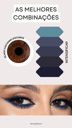 De acordo com a Teoria da Cores, especificamente as Cores Complementares, os tons de sombra que vão intensificar a íris de quem tem olhos castanho-escuros são essas: Brown Eye Makeup Colors, Eye Makeup Ideas For Brown Eyes, Winter Eye Makeup, Deep Winter Palette, Natural Summer Makeup, Work Makeup, Cool Makeup Looks, Colors For Skin Tone, Edgy Makeup