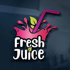 the logo for fresh juice is shown on a dark blue background with pink and yellow splashes