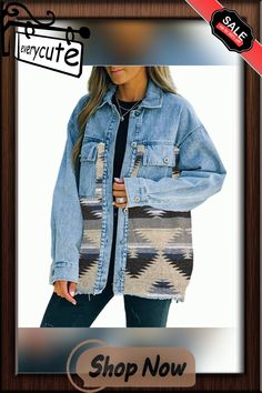 Navy Blue Aztec Print Contrast Lapel Pocket Denim Jacket Winter Blue Denim Top With Pockets, Oversized Blue Denim Vest For Fall, Blue Denim Shacket With Pockets, Denim Shacket With Pockets In Blue, Trendy Blue Denim Shacket, Aztec Print, Outerwear Women, Denim Jacket, Winter Jackets