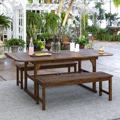 a wooden table with two benches underneath an umbrella in a garden area that has potted plants and greenery behind it