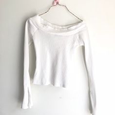 Off The Shoulder Bell Sleeves Ribbed Slightly Cropped Urban Outfitters Size M (Fits More Like A Small) Never Worn Perfect Condition Willing To Trade/Make Offers Off Shoulder White Shirt, White Ribbed Stretch Knit Top, Ribbed Fitted Tops For Day Out, Urban Outfitters Ribbed Long Sleeve Tops, Urban Outfitters Long Sleeve Ribbed Tops, Urban Outfitters Stretch Ribbed Tops, Urban Outfitters White Tops For Fall, Stretch Tops By Urban Outfitters In Solid Colors, White Stretch Top By Urban Outfitters