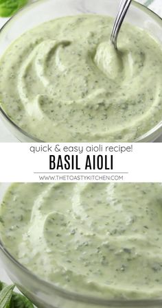 two bowls filled with basil sauce on top of a white countertop and the words quick & easy oil recipe below