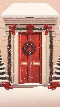 a red door decorated with christmas wreaths and presents in front of snow covered trees