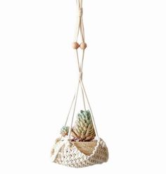 a hanging planter with a succulent in the center and two wooden beads attached to it