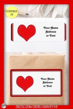 two envelopes with red hearts on them and the words your name address or text