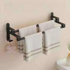 two towels are hanging on a towel rack next to a potted plant and toilet paper