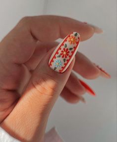 Translucent Nails With Designs, Mexican Nail Art Flower, Painted Tips Acrylic Nails, Vintage Nails 1970s, Capsulated Nails Flowers, Non Floral Nail Designs, Nails Art Flowers Designs, Mexican Nails Simple, El Salvador Inspired Nails