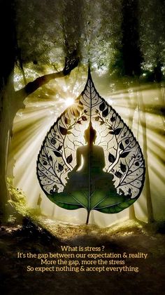 a buddha statue sitting on top of a leaf in the middle of a forest with rays coming