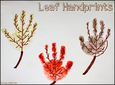 three leaf handprints are shown on a piece of paper with the words leaf handprints