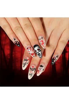 Halloween Press on Nails Almond Fake Nails Ombre Nued False Nails with Black Spider Red Heart Skull Face Designs Black Flame French Tip Nails Ghost Goth Acrylic Artificial Nails Stick on Nails For Women Girls 24Pcs Black Silver Nails, Nail Art Halloween, Black Ghost, Long Press On Nails, Gothic Nails, Nail Art Supplies