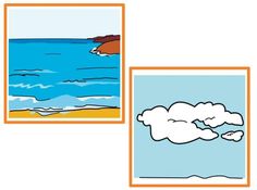 two pictures of the ocean, one with clouds in it and another with an orange frame