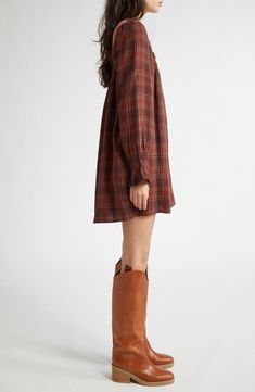 Autumnal hues add cozy vibes to a cotton dress cut in a comfy silhouette and perfected with a pair of pockets. Slips on over head Square neck Long sleeves Side-seam pockets 100% cotton Machine wash, line dry Imported Layered Fall Dress, Square Neck Babydoll Dress, Fall Dress Short, Short Dress Tall Boots, Babydoll Dress Outfit Winter, Dress With Western Boots, Short Fall Dresses, Winter Casual Dress, Babydoll Dress Outfit