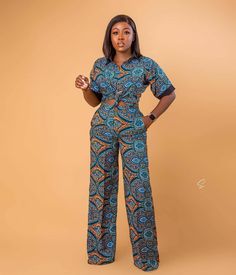 beautifully made with love and can suit all body sizes,  two pieces with elegance.( trousers and top set this exact fabric meant or meant not be available but can replace it with a very closely one, please note that your desired style remains the same thing  customization is fully accepted Ankara Jumpsuit Styles, Ankara Trousers, African Print Pants, Ankara Jumpsuit, African Print Jumpsuit, Latest Ankara Styles, African Fashion Women Clothing, Ankara Style, African Print Fashion Dresses