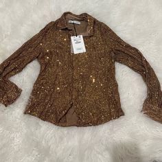 Zara Gold Sequin Buttom Down Shirt Long Sleeve Sequin Shirt For Fall, Fitted Sequin Shirt For Spring, Zara Long Sleeve Sequin Blouse, Zara Summer Party Shirt, Elegant Zara Shirt For Party, Long Sleeve Sequin Shirt For Spring, Spring Long Sleeve Sequin Shirt, Zara Fitted Sequin Blouse, Zara Tops For Fall Party