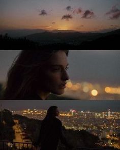 two different views of the city at night and in the day, there is a woman standing on top of a hill