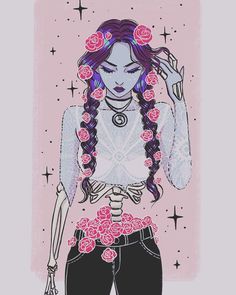 a drawing of a girl with long hair and flowers in her hair, standing against a pink background