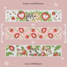 cross stitch bookmarks with hearts, flowers and rabbits on them in pink background