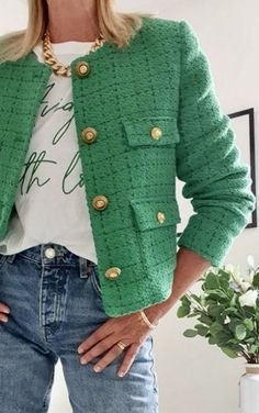 Mode Chanel, 가을 패션, Blazer Outfits, Fashion Icon, Office Outfits, Green Jacket