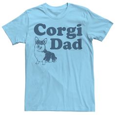 a light blue t - shirt that says corgi dad with a dog on it