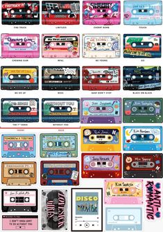 a bunch of old school cassettes with different colors and designs on them, all lined up in rows