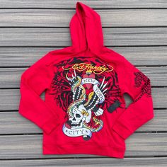 Nwt Ed Hardy New York City Skull Snake Eagle Pullover Red Hoodie Mens M Ed Hardy Clothes, Ed Hardy Hoodie, Skulls And Snakes, Hardy Shirts, Olive Green Hoodie, Green Hoodie Men, Skull Snake, Random Clothes, Wool Hoodie