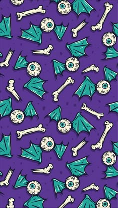 a purple background with blue and white skulls, bones, and eyeballs on it