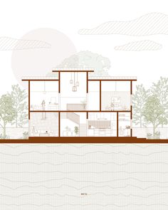 an architectural drawing of a house on the water with trees and clouds in the background