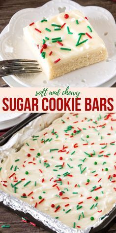 this is an image of sugar cookie bars with white frosting and sprinkles