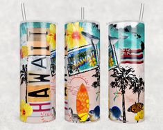 three travel mugs with the words hawaii and surfboards painted on them, all in different colors