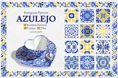 a blue and yellow tile pattern with the words, portuguese patterns azulejo