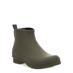 Olive waterproof ankle rain boots in a smooth matte finish. Slight topline curve softens and compliments these green chelsea boots. Size:  m .  Gender: female.  Age Group: adult. Green Waterproof Boots For Rainy Season, Waterproof Green Boots For Rainy Season, Green Weatherproof Rain Boots For Fall, Green Rain Boots For Rainy Season, Green Rain Boots For Outdoor, Green Waterproof Boots For Fall, Green Weatherproof Waterproof Boots For Fall, Green Boots For Rainy Season, Casual Green Boots For Rainy Season