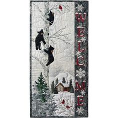 two black bears hanging from a tree with the words welcome to me written on it