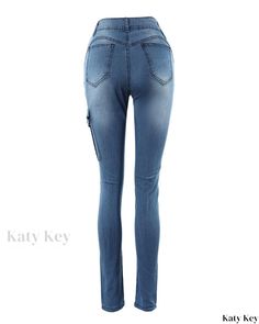 KatyKey - Contemporary Denim Trousers featuring Exquisite Buttoned Pocket Design Fitted Medium Wash Jeggings With Pockets, High Rise Medium Wash Jeggings With Pockets, Fitted Denim Jeggings With Pockets, Dark Wash Mid-rise Jeggings With Pockets, Mid-rise Dark Wash Jeggings With Pockets, Mid-rise Denim Jeggings With Pockets, Denim Blue Jeggings With Pockets, Non-stretch Jeggings With Pockets, Trendy Jeggings With Pockets