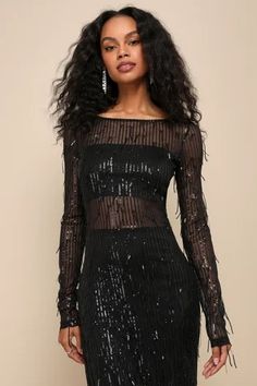 Shop Dresses for Weddings | Wedding Guest Dresses - Lulus Long Sequin Dress, Column Skirt, Lulu Fashion, Long Fringe, Adhesive Bra, Wedding Guest Dresses, Boat Neckline, Sheer Sleeves, Guest Dresses