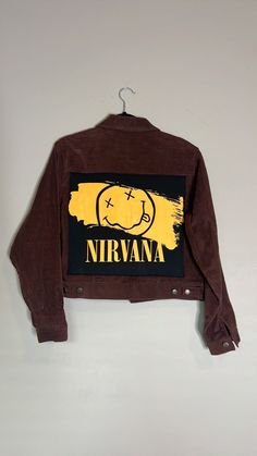 One of a kind, custom Cordaroy Nirvana rocker jacket. This one of a kind jacket, it is perfect for any occasion. Brown Punk Long Sleeve Outerwear, Brown Long Sleeve Punk Outerwear, Casual Graphic Print Outerwear For Concerts, Winter Band Merch Outerwear With Graphic Print, Brown Graphic Print Outerwear For Fall, Fall Concert Outerwear With Graphic Print, Graphic Print Outerwear For Concert In Fall, Graphic Print Outerwear For Fall Concert, Fall Band Merch Outerwear For Streetwear