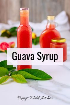 Three glass jars with varied sizes containing guava syrup. Guava Simple Syrup, Guava Syrup Recipe, Homemade Fruit Syrup For Drinks, Strawberry Guava Recipes, Fresh Guava Recipes, Guava Desserts, Guava Syrup, Latin Desserts