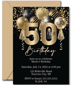 a 50th birthday party with balloons and confetti on the front, black background