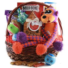 a basket filled with lots of toys and treats