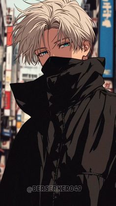 an anime character with blonde hair and blue eyes standing in front of a cityscape