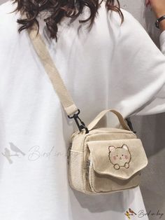 Bird in Bag - Ladies Cartoon Pattern Canvas Shoulder Bag with Flap Pocket Decorative Square Cute Travel Shoulder Bag With Pockets, Cute Portable Beige Bag, Cute Travel Bags With Pockets, Cute Everyday Bags With Pockets, Cute Beige Handheld Shoulder Bag, Cute Handheld Beige Shoulder Bag, Cute Rectangular Bag With Pockets, Cute Beige Bag With Zipper Closure, Cute Beige Bags With Zipper Closure